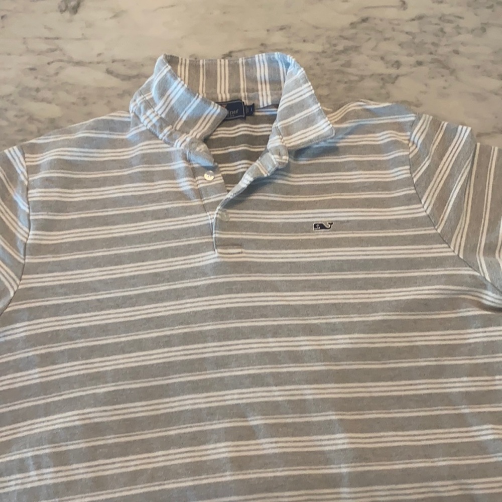 Men’s Vineyard Vines Edgartown cotton pique polo. Gray with white stripes.